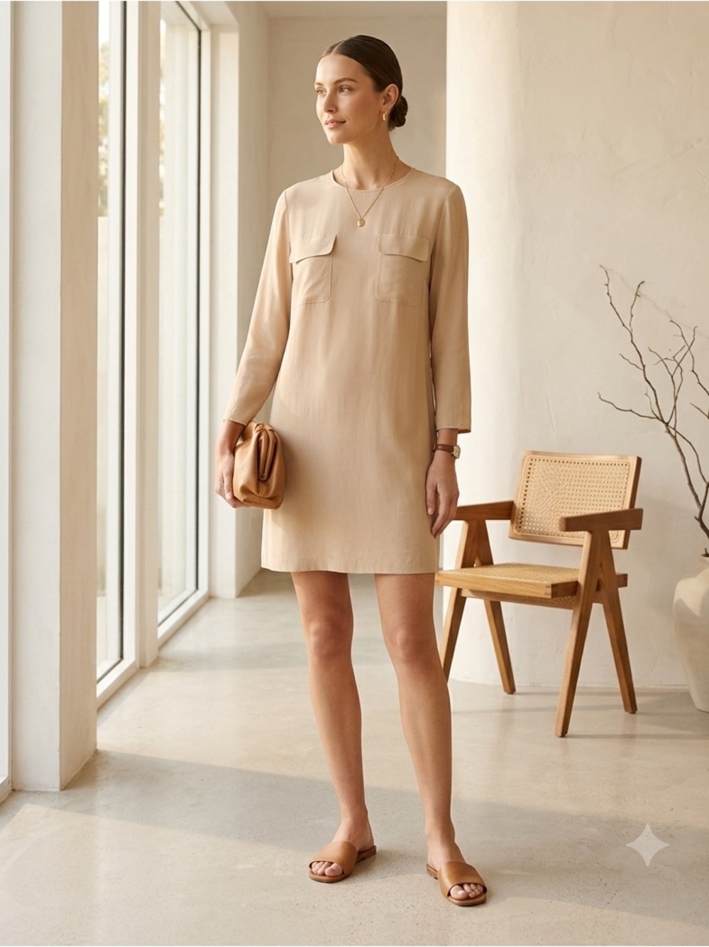 Tan long sleeve silk shift dress - 10 (Medium - Large)